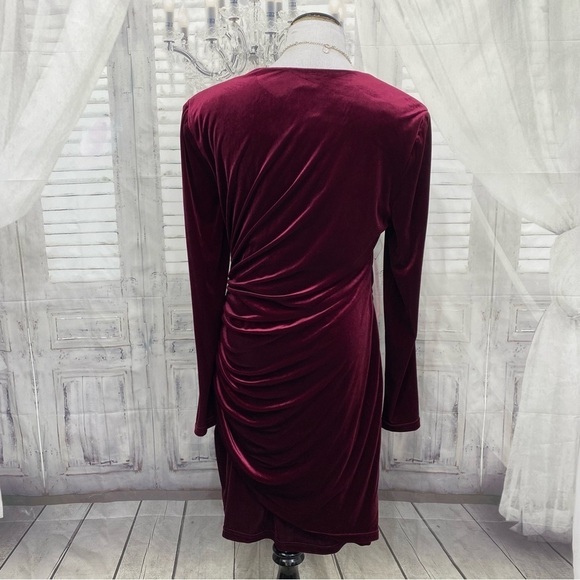 Alex Marie Long Sleeve Solid Mahogany Red Velvet Ruched Faux Wrap Dress V Neck - Picture 8 of 12